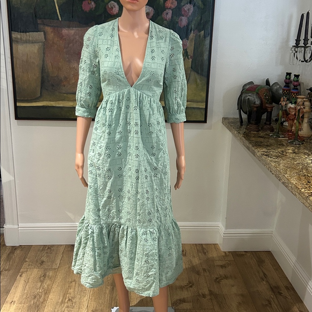 ASOS mint green eyelet open back midi dress